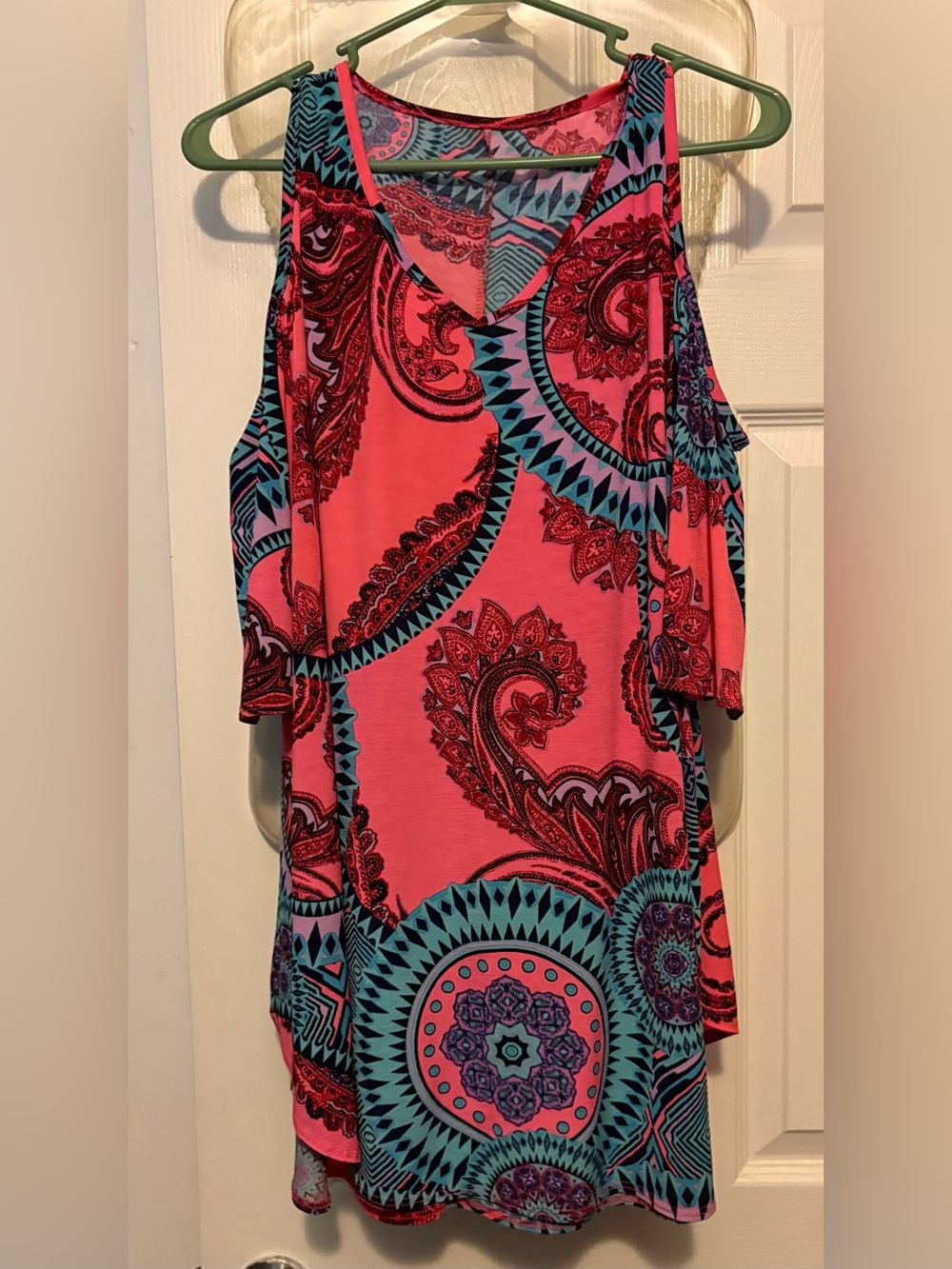 Coral Paisley Cold-Shoulder Tunic with Teal Medallion Print